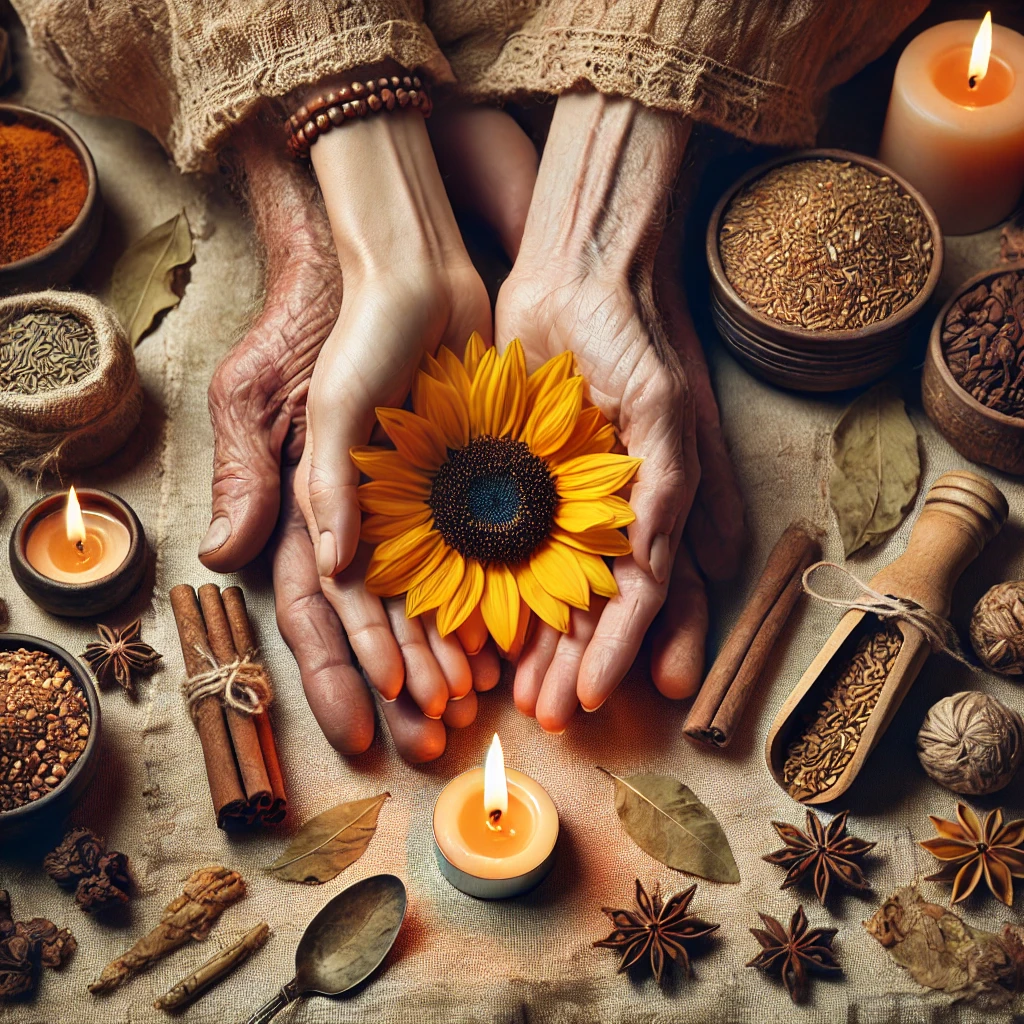 Aged and youthful hands holding a sunflower with a lit Diya candle, surrounded by herbs and spices on an earth-toned cloth.
